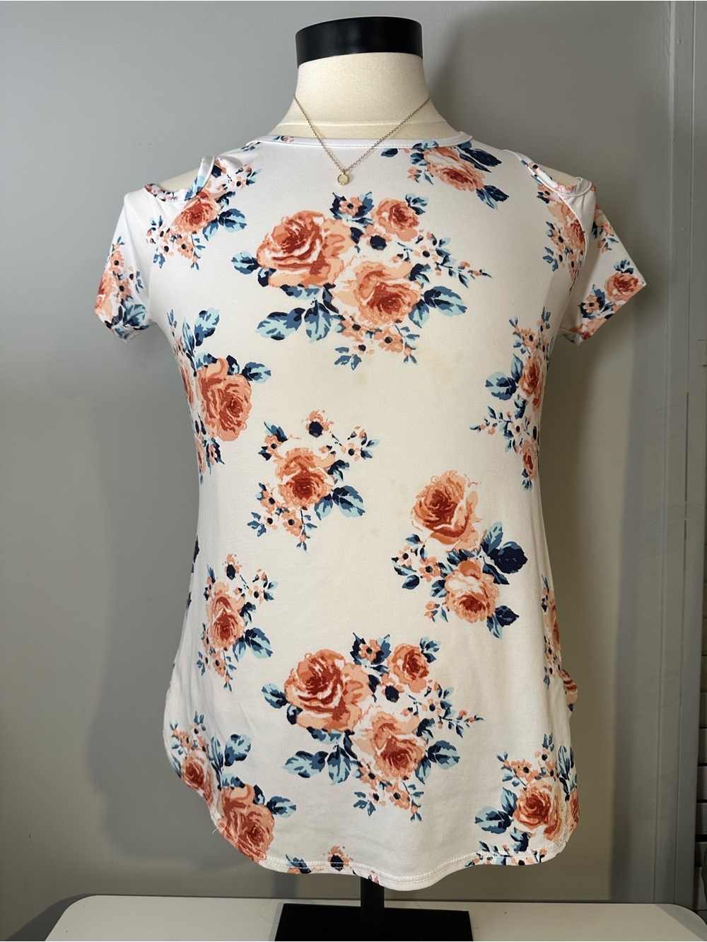 TMG Cold-Shoulder Floral Top in Light Blue with Rust Roses